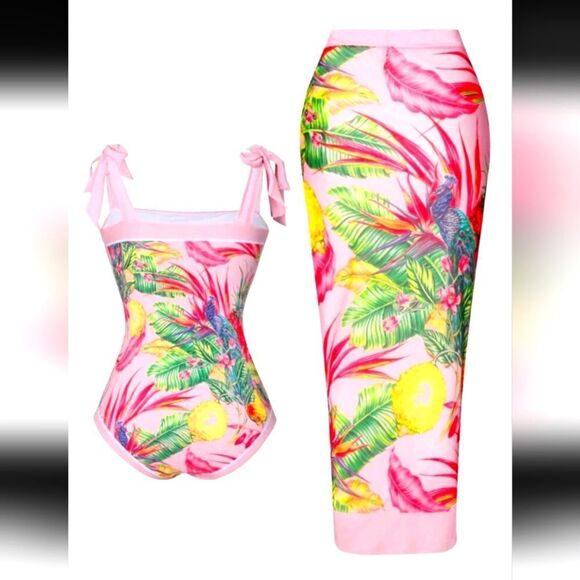 Tropical Pink Floral  Bathisuit Set 1X - Picture 1 of 8